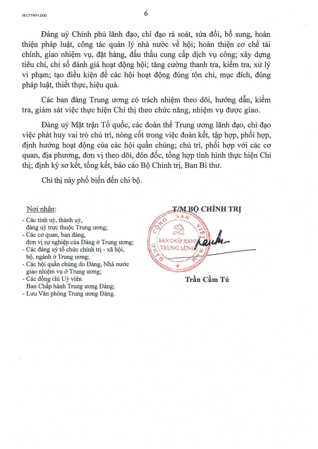Chỉ thị số 11-CT/TW của Bộ Ch&iacute;nh trị về tăng cường sự l&atilde;nh đạo của Đảng v&agrave; ph&aacute;t huy vai tr&ograve; của c&aacute;c hội quần ch&uacute;ng trong giai đoạn ph&aacute;t triển mới- Ảnh 7.