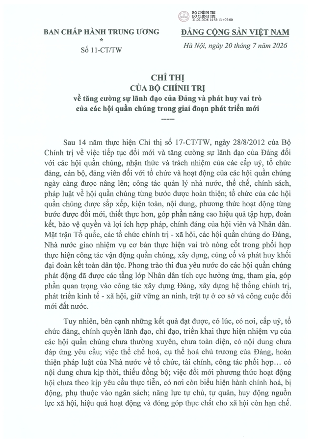 Chỉ thị số 11-CT/TW của Bộ Ch&iacute;nh trị về tăng cường sự l&atilde;nh đạo của Đảng v&agrave; ph&aacute;t huy vai tr&ograve; của c&aacute;c hội quần ch&uacute;ng trong giai đoạn ph&aacute;t triển mới- Ảnh 2.